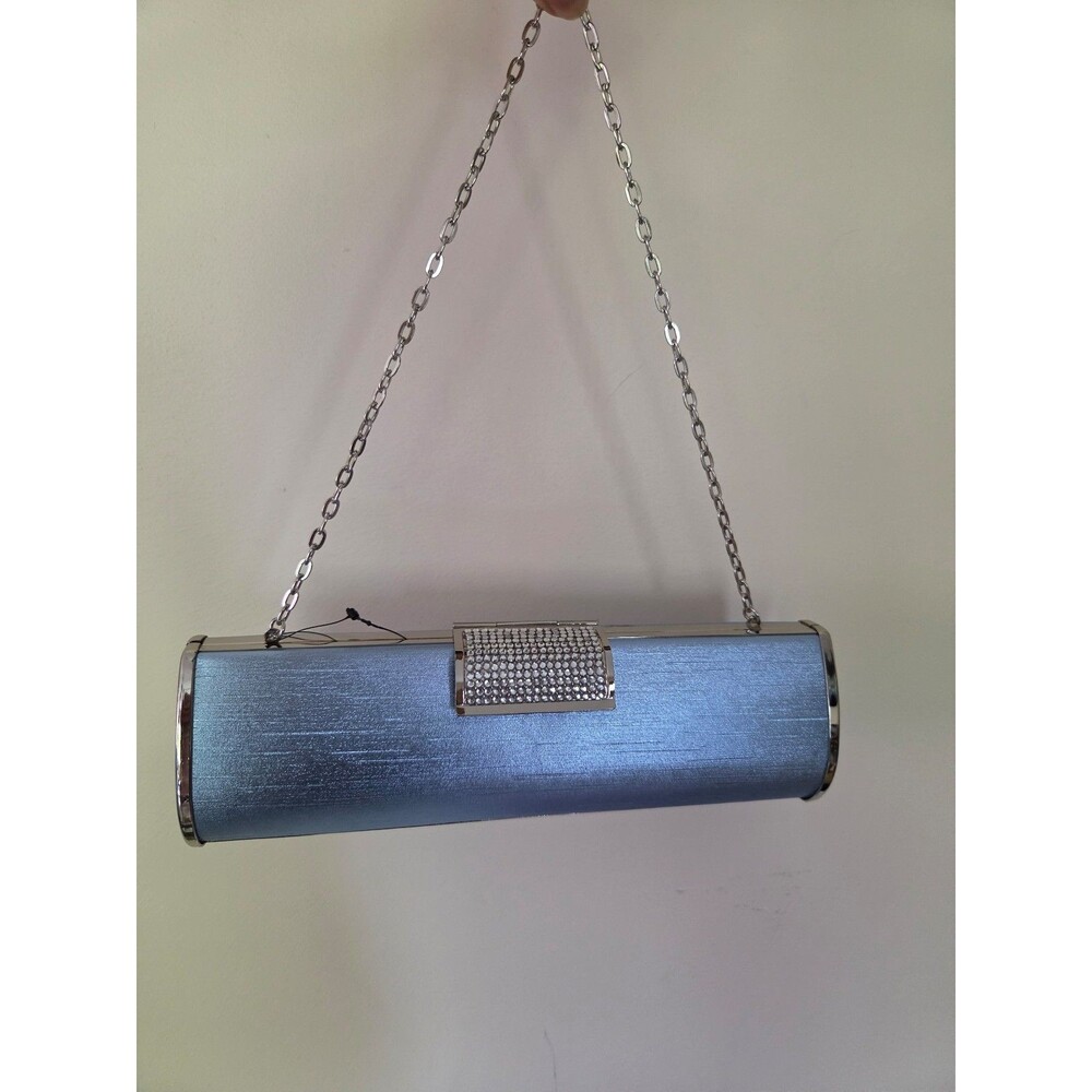 Light blue shimmery hard case evening clutch rhinestone clasp silver chain strap
